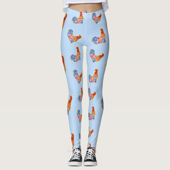 Legging Red Funny Rooster Cockerel Pontos Azul e Branco (Frente)