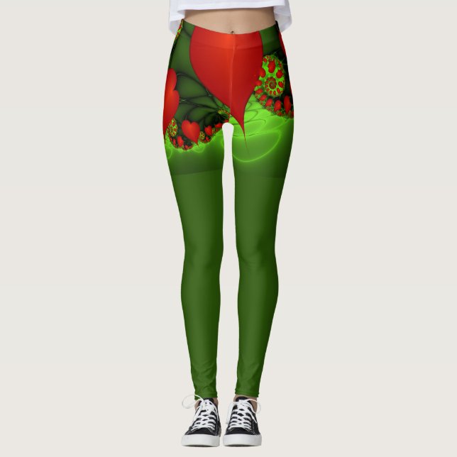 Legging Red Hearts Verde limão Arte Fractal Moderna Abstra (Frente)