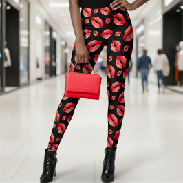 Legging Red Lips Pattern Black