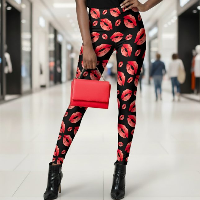Legging Red Lips Pattern Black (Red Lips Pattern Black Leggings
)