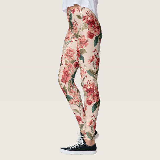 Legging Red on Pink Hibiscus Floral  (Esquerda)