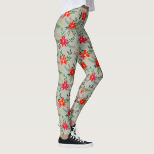 Legging Red Poinsettia Christmas Floral