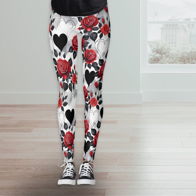 Legging Red Roses and Black Hearts Romantic Patterned (Stylish leggings with a pattern of rose flowers and hearts in black, white, gray and red)