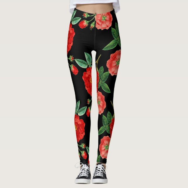 Legging Red roses, black background, (Frente)
