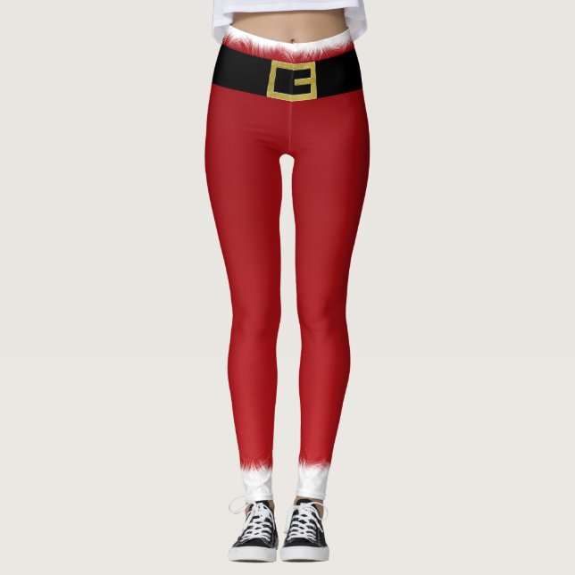 Legging Red Santa Claus Belt e White Férias com Peles (Frente)