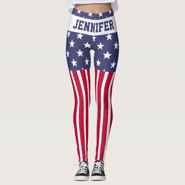 Legging Red White Blue Stars Stripes USA flag Your name (Frente)