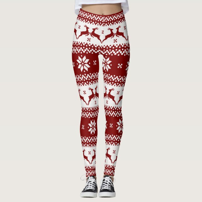 Legging Reindeer Vermelho e Branco e Flocos de Neve Natal (Frente)