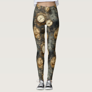Legging Relógio Antigo Engrenagens Bronze Preto Estilo Ste
