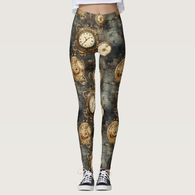 Legging Relógio Antigo Engrenagens Bronze Preto Estilo Ste (Frente)