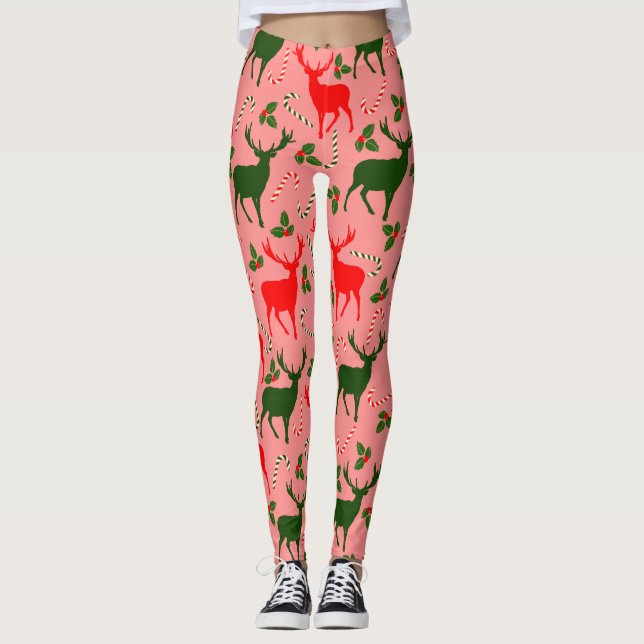 Legging renas de natal cor-de-rosa (Frente)