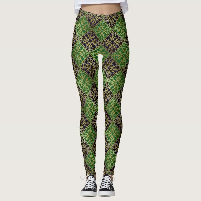 Legging Renascença Medieval Arauto Leão Leopardo Metálico  (Frente)