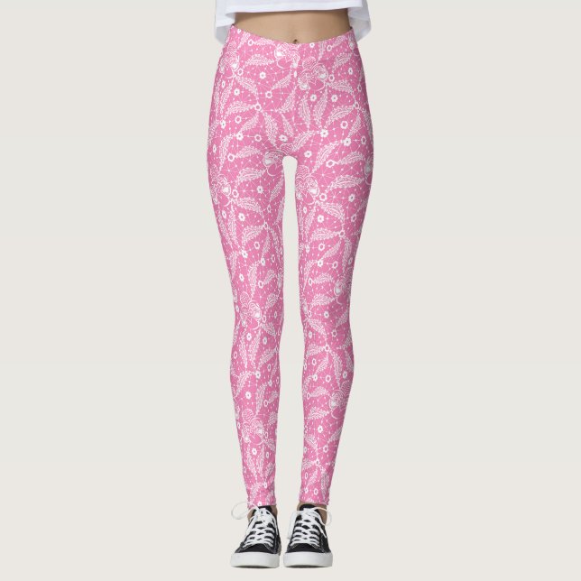 Legging Renda floral branca sobre fundo rosa (Frente)
