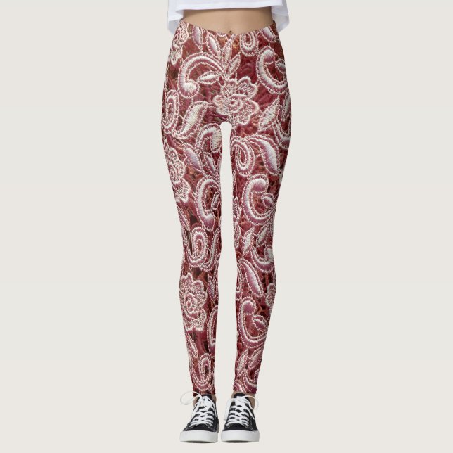 Legging Renda rosa, padrão de rosas vintage. (Frente)