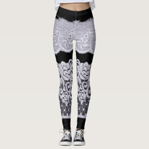 Legging rendas brancas ornamentais, fundo preto isolado.