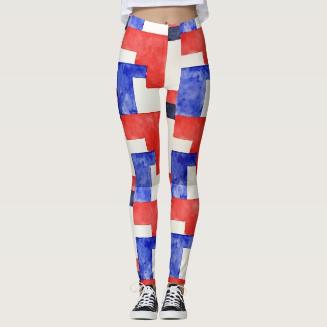 Legging Retângulo Vermelho Branco Azul Padrão Invisível (Frente)