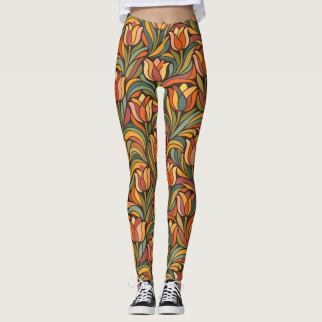 Legging Retro Abstract Orange Tulip Floral Yoga Style  (Frente)