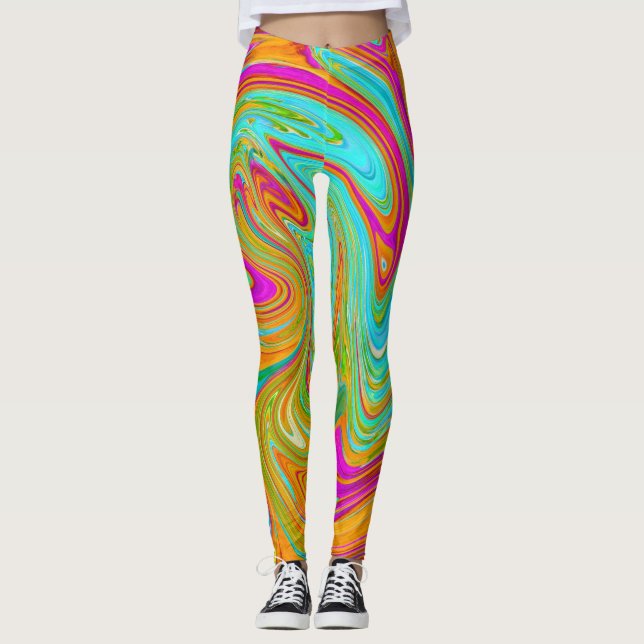 Legging Retro Abstrato de Grãos Azuis, Laranja e Rosa Quen (Frente)