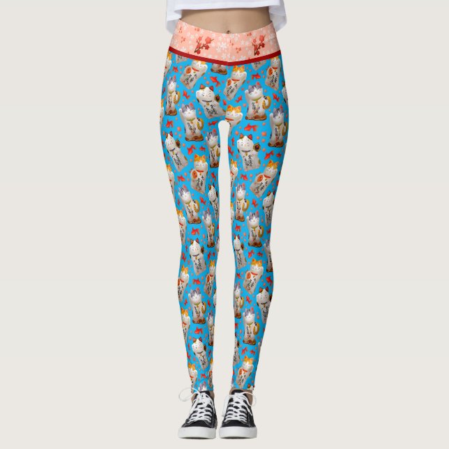 Legging Retro Blue Pink Maneki Neko Cat e Koi (Frente)