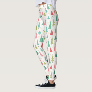 Legging Retrô Feliz Natal Árvores Divertidas Padrão de Fér