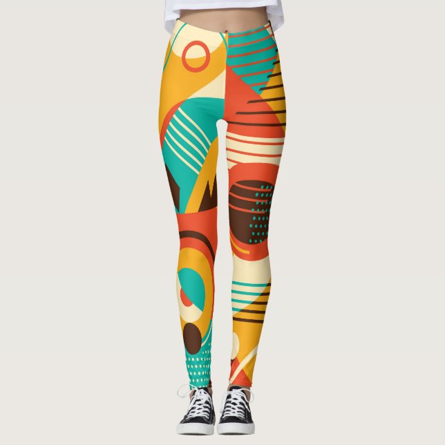 Legging Retro geométrico colorido: abstração de safra. (Frente)