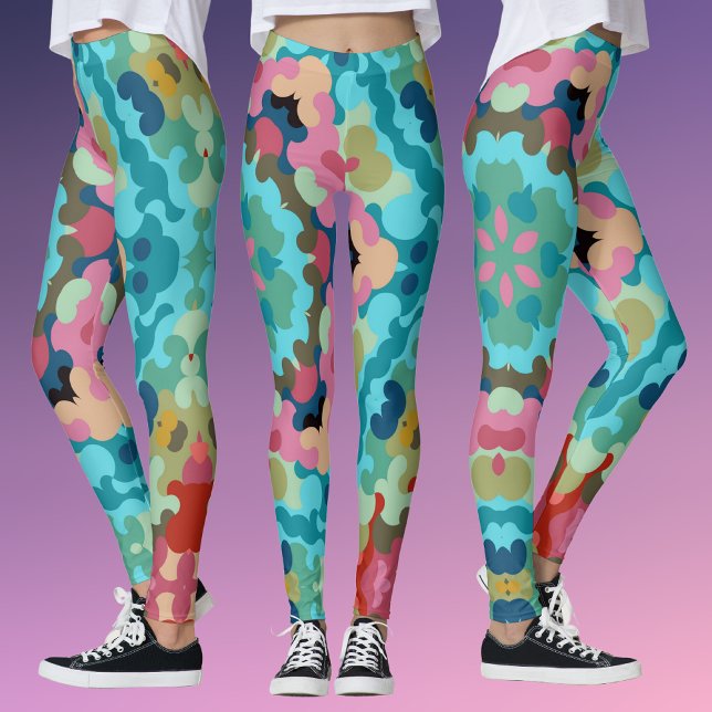 Legging Retro Mandala Flor Azul Cor-de-rosa e Verde (Criador carregado)