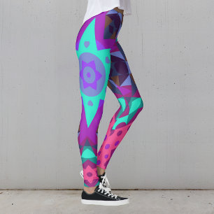 Legging Retro Mandala Flor Azul Púrpura e Rosa