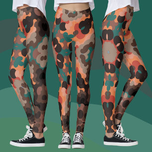Legging Retro Mandala Flor Laranja Azul e Castanho