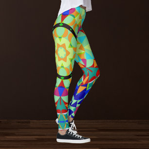 Legging Retro Mandala Flor Laranja Vermelho e Azul