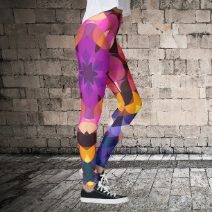 Legging Retro Mandala Flor Púrpura Rosa e Amarelo