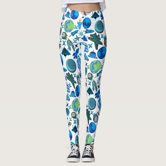 Legging Retro Rockets no espaço. BG branco (Frente)