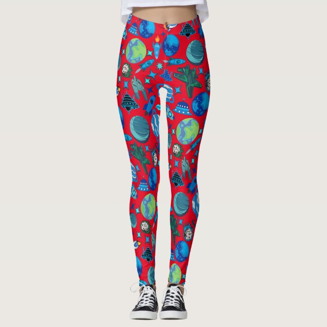 Legging Retro Rockets no espaço. Vermelho BG (Frente)