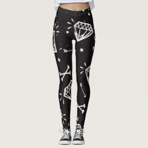 Legging Rock Grunge: diamantes, padrão ósseo.