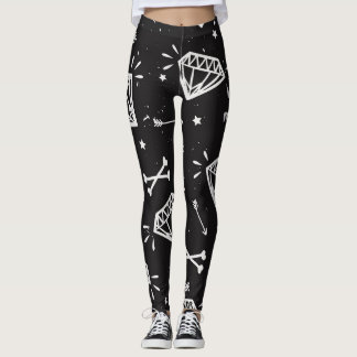 Legging Rock Grunge: diamantes, padrão ósseo.