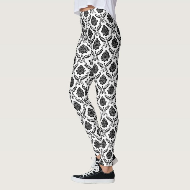 Legging Rococo Damask Rpt Padrão Preto no Branco (Esquerda)