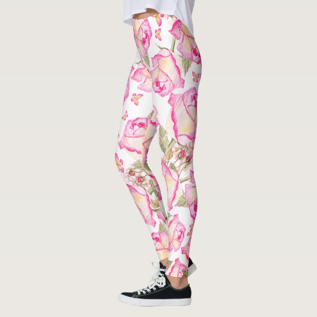 Legging Romântico floral rosa branco amarelo de verão (Esquerda)