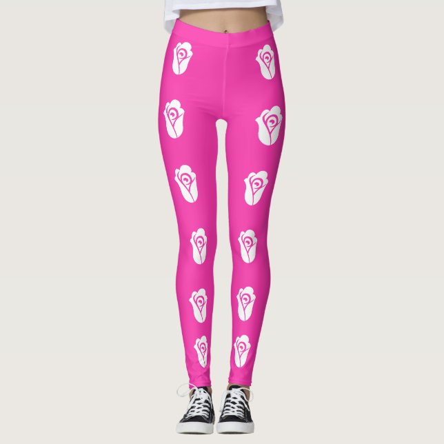 Legging Rosa Branca sobre Padrão Rosa (Frente)