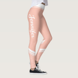 Legging rosa claro na moda listras florais brancas e nome