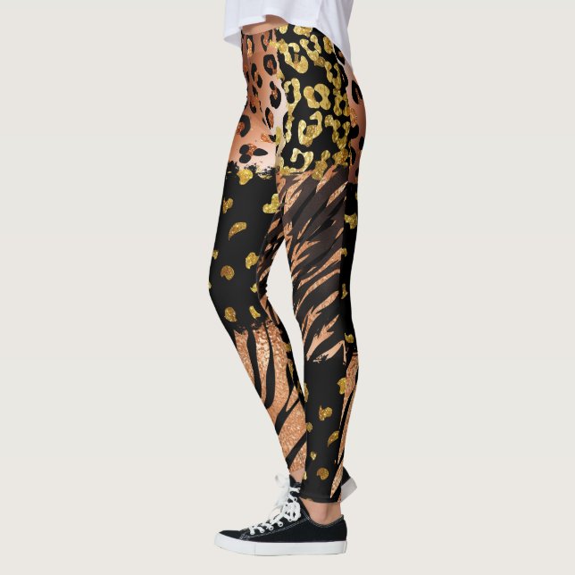 Legging rosa de abstrato de ouro de Leopardo em preto (Esquerda)