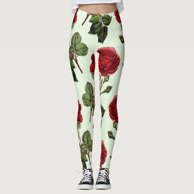 Legging Rosa de padrão verde vermelho longo (Frente)