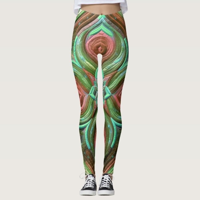 Legging Rosa e design abstrato verde com inclinação (Frente)