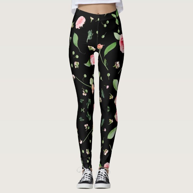Legging Rosa e folhas sobre fundo negro romântico (Frente)