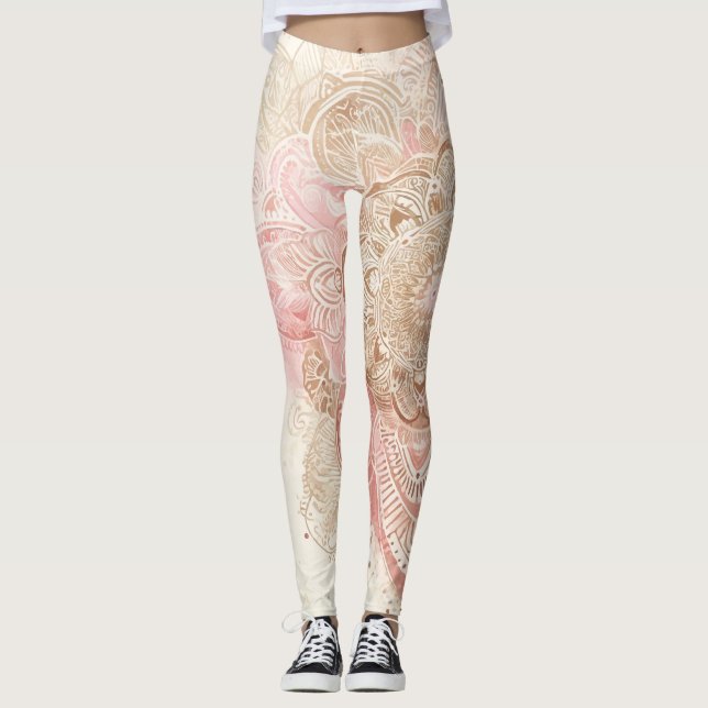 Legging Rosa Marrom Creme Mandala Boêmio Moda Boho (Frente)