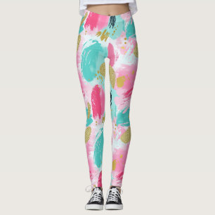 Legging Rosa Menta Suave Dourado Primavera Pinceladas Abst