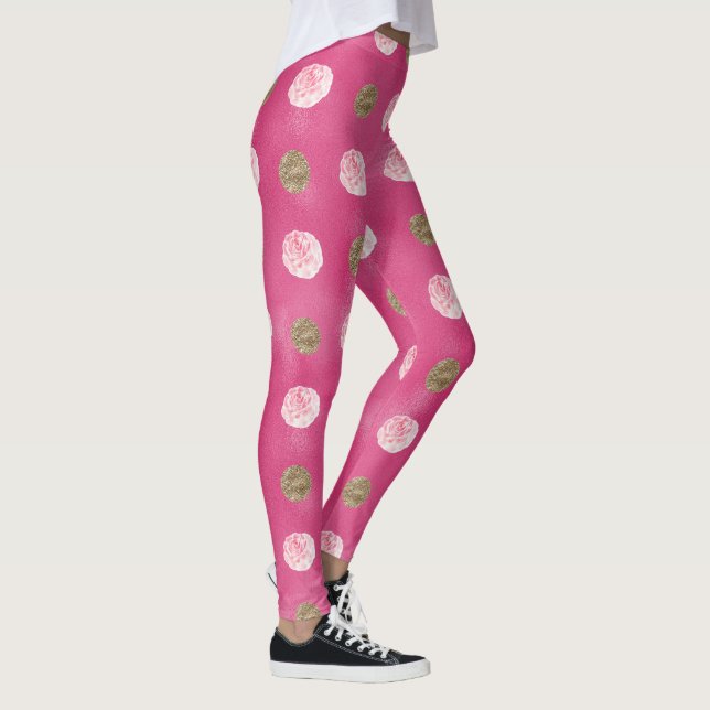 Legging rosa-rosa Dourado Floral Quente (Direita)
