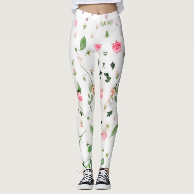 Legging Rosa rosa e folhas em fundo branco (Frente)