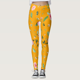 Legging Rosa rosa e folhas em laranja claro