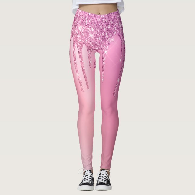 Legging Rosa rosa-rosa esplêndido dourado e púrpura gotas  (Frente)