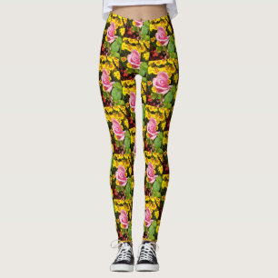 Legging Rosa Rosa Rosa Rosa Rosa e Flores Amarelas