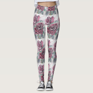 Legging Rosa vermelha Pernas Florais Vermelhas de Flor de
