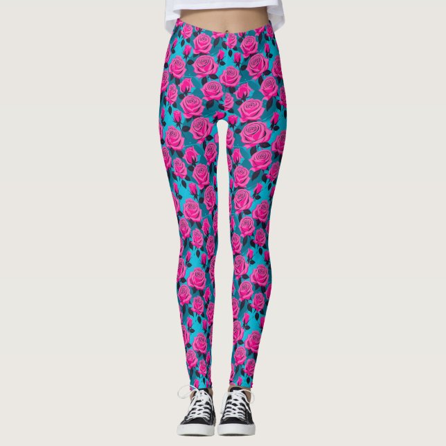 Legging Rosas Abstratas Ousadas em Rosa Neon (Frente)
